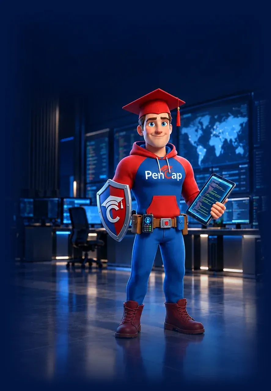 Captain Pen, PenCap's cybersecurity mascot, holding a pen-nib shield and tablet in a security operations centre